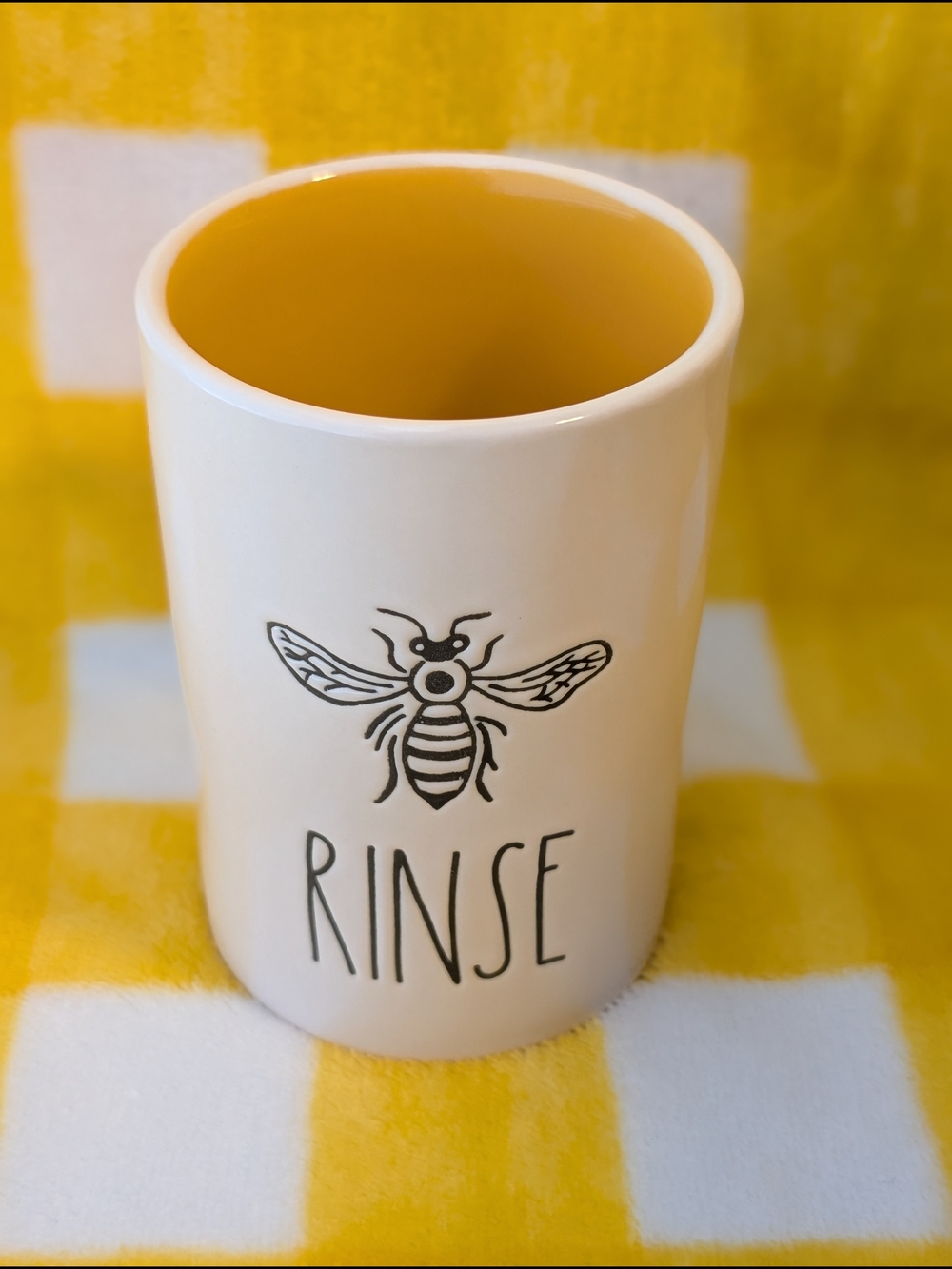 Rae Dunn White Ceramic Cup with Yellow Interior and Bee Motif